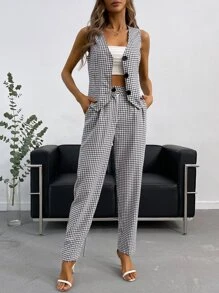 SHEIN Privé Bộ âu phục nữ Túi Nút phía trước Sọc ca rô Thanh lịch - Đen và trắng - Xem 3