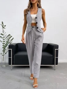 SHEIN Privé Bộ âu phục nữ Túi Nút phía trước Sọc ca rô Thanh lịch - Đen và trắng - Xem 4