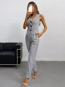 SHEIN Privé Bộ âu phục nữ Túi Nút phía trước Sọc ca rô Thanh lịch - Đen và trắng - Xem 7