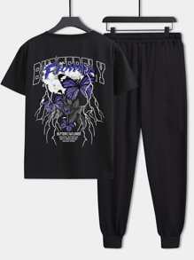 ROMWE MEN Guys Letter & Butterfly Print Tee & Drawstring Waist Sweatpants