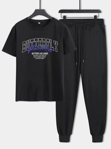 ROMWE MEN Guys Letter & Butterfly Print Tee & Drawstring Waist Sweatpants