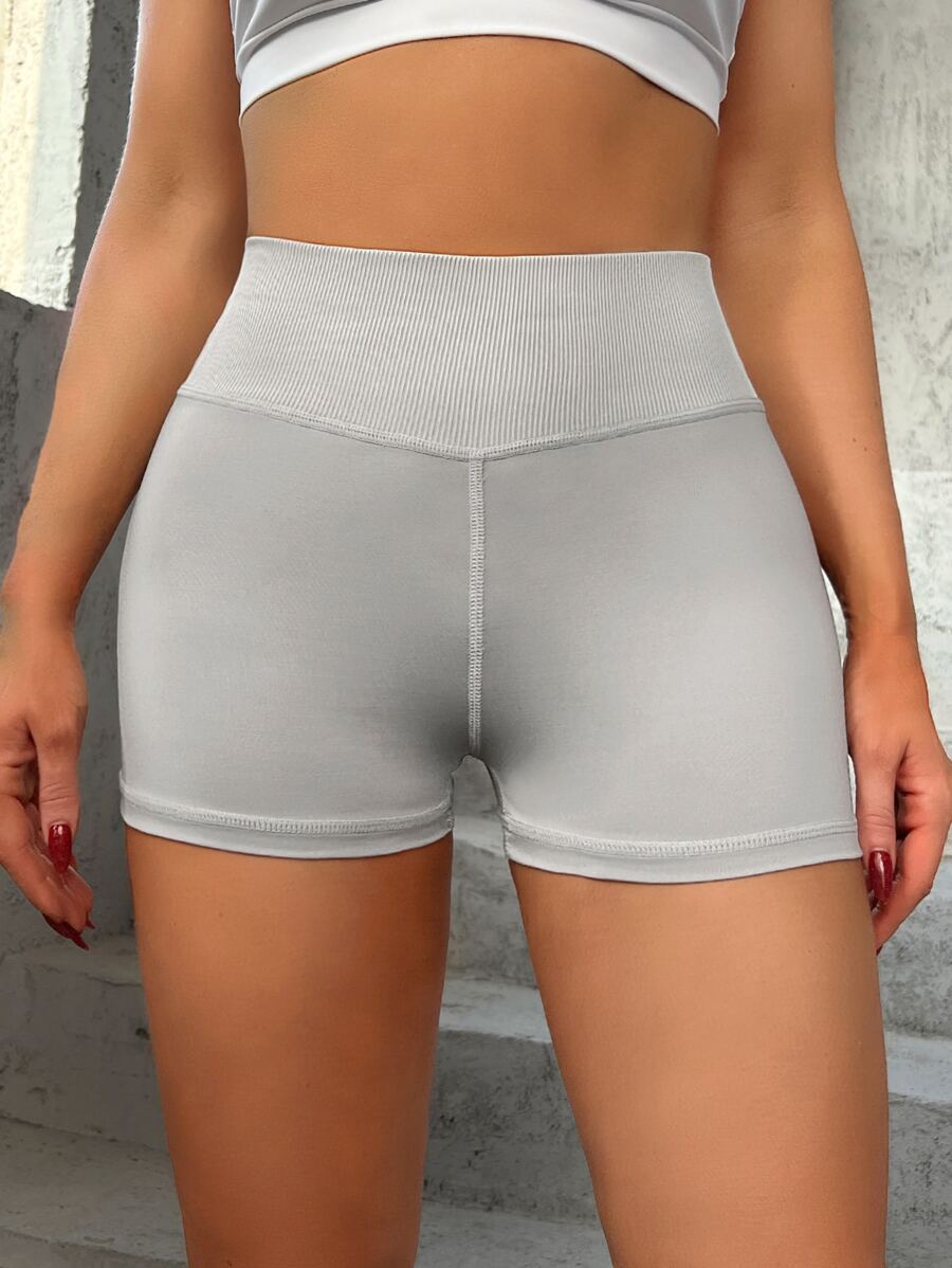 Seamless Wideband Waist Sports Shorts - Light Grey - View 1