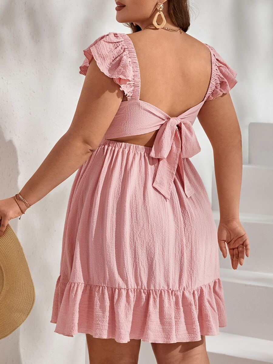 Dreamara Đầm Plus Size Lộ Lưng Xù Viên lá sen Buộc lại màu trơn Giải trí - Màu Hồng baby - Xem 1