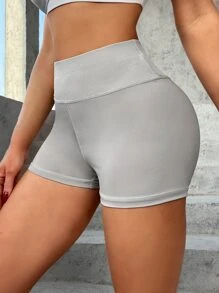 Seamless Wideband Waist Sports Shorts - Light Grey - View 5