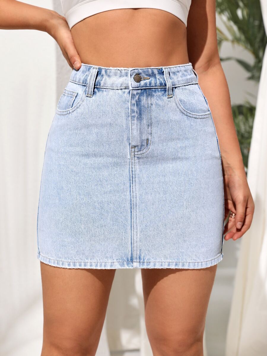 SHEIN Essnce Slant Pocket Denim Skirt - Light Wash - View 1