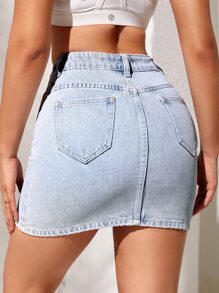 SHEIN Essnce Slant Pocket Denim Skirt - Light Wash - View 2