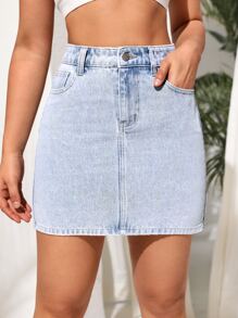 SHEIN Essnce Slant Pocket Denim Skirt - Light Wash - View 3