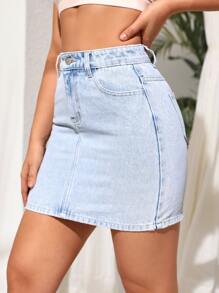 SHEIN Essnce Slant Pocket Denim Skirt - Light Wash - View 5