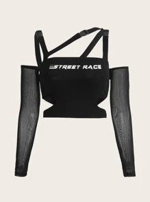 SHEIN ICON Bikercore字母圖案透視網紗袖鏤空T恤 - 黑色 - 查看 1