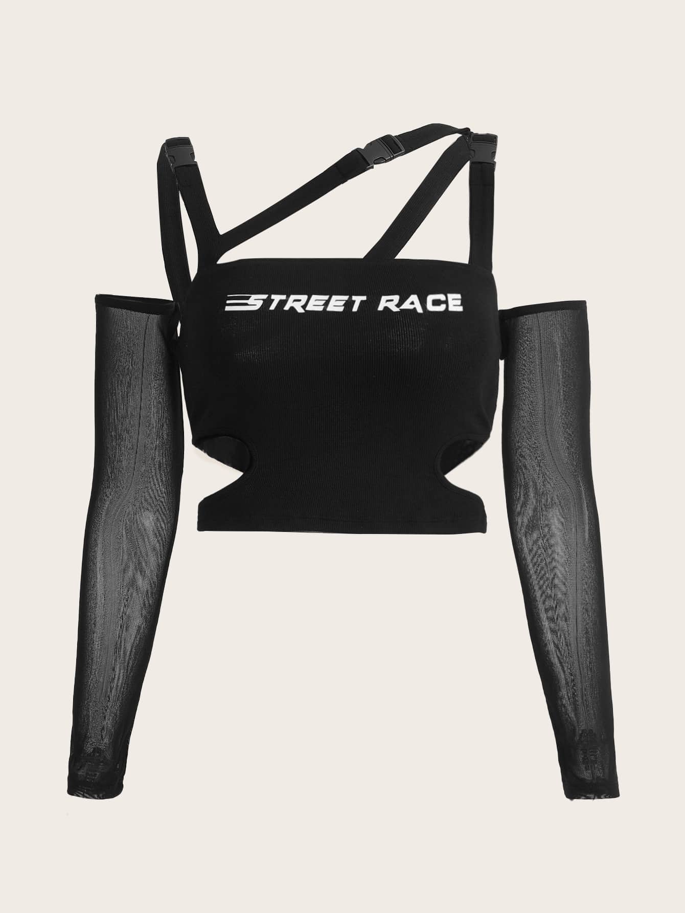 SHEIN ICON Bikercore字母圖案透視網紗袖鏤空T恤 - 黑色 - 查看 1