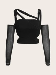 SHEIN ICON Bikercore字母圖案透視網紗袖鏤空T恤 - 黑色 - 查看 2