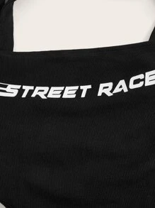 SHEIN ICON Bikercore字母圖案透視網紗袖鏤空T恤 - 黑色 - 查看 3