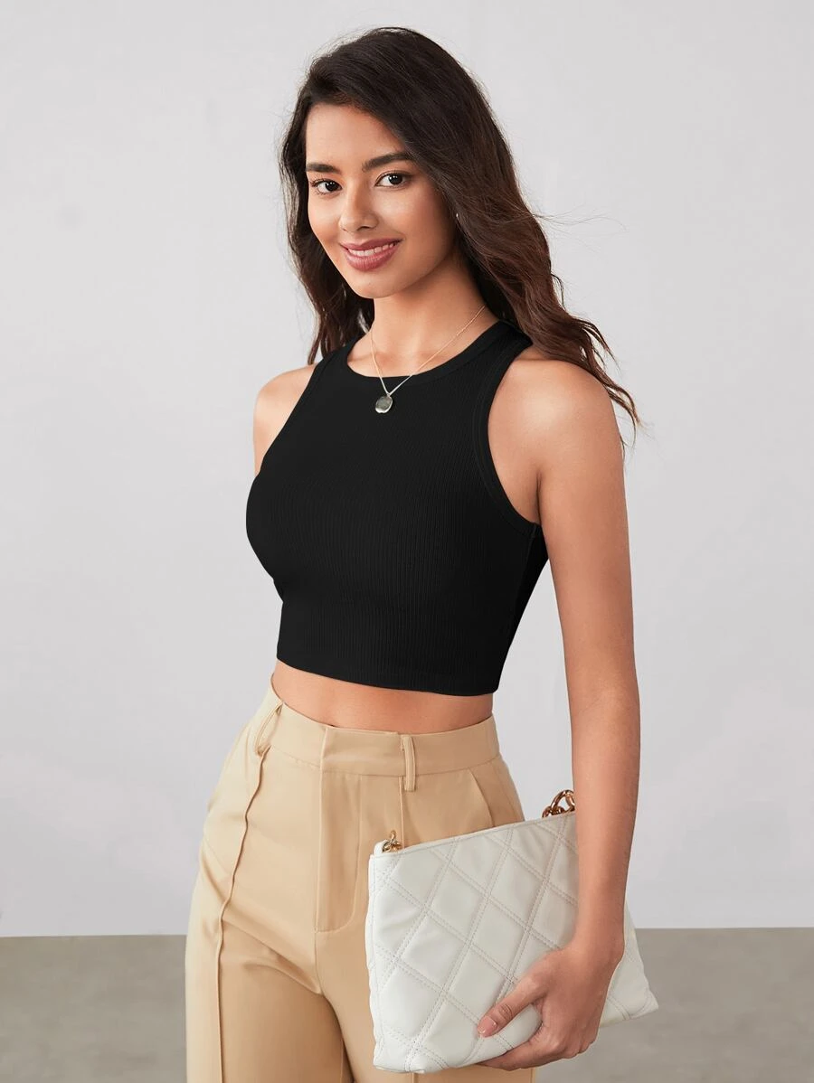 SHEIN BIZwear Solid Rib-knit Crop Tank Top Workwear - Black - View 1