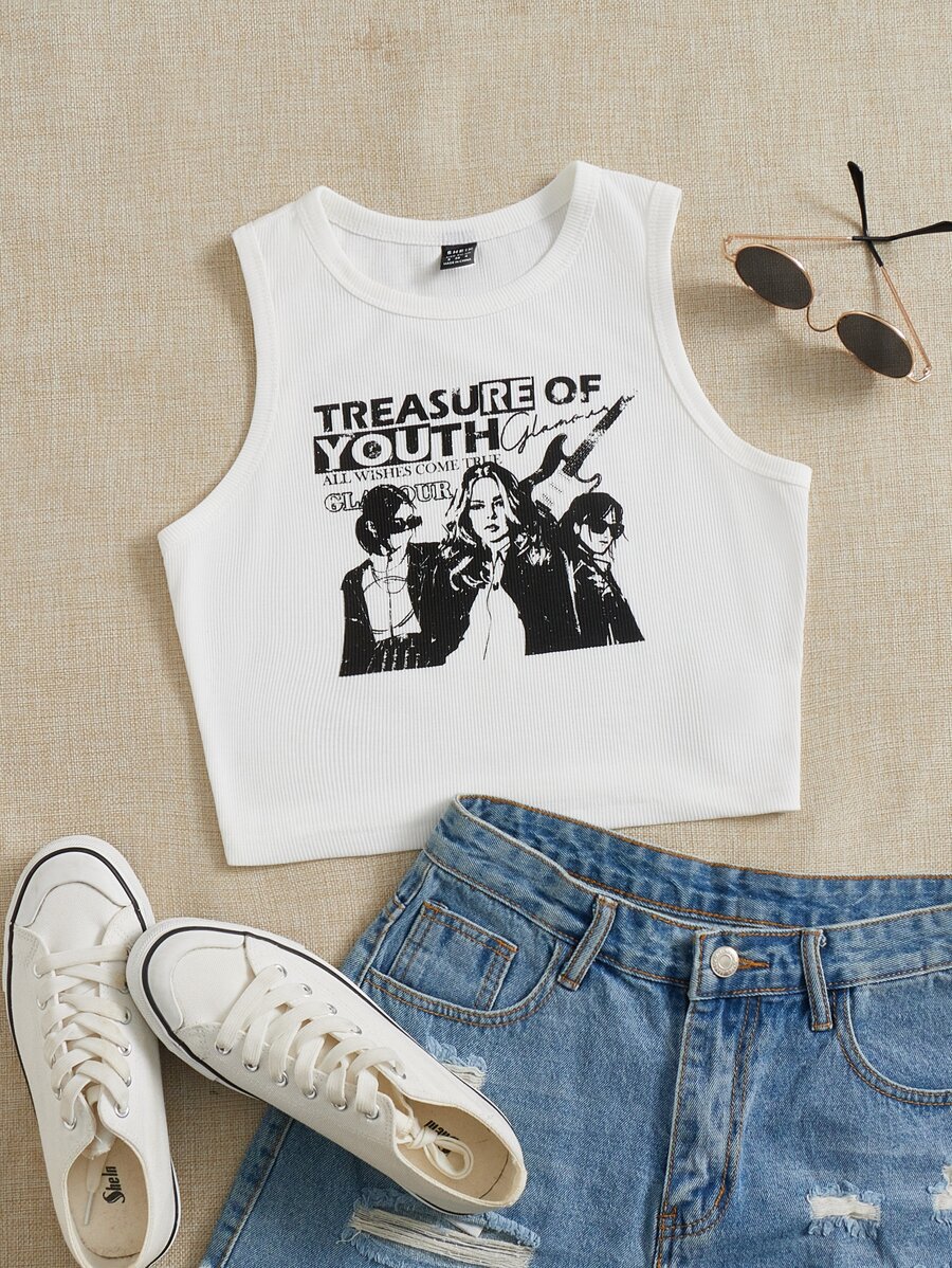 SHEIN EZwear Figure & Slogan Graphic Crop Tank Top - White - View 1