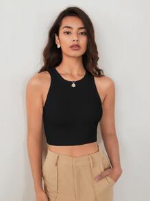 SHEIN BIZwear Solid Rib-knit Crop Tank Top Workwear - Black - View 4