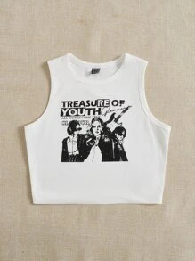 SHEIN EZwear Figure & Slogan Graphic Crop Tank Top - White - View 3