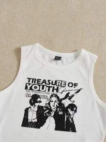 SHEIN EZwear Figure & Slogan Graphic Crop Tank Top - White - View 4