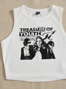 SHEIN EZwear Figure & Slogan Graphic Crop Tank Top - White - View 5