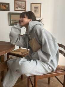 DAZY Letter Graphic Drop Shoulder Drawstring Hoodie Without Tee,Fall Women Clothes Sweatshirt - Grey - View 7