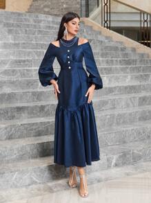 Modelyn 挖肩燈籠袖珍珠鏈條領口荷葉邊連衣裙