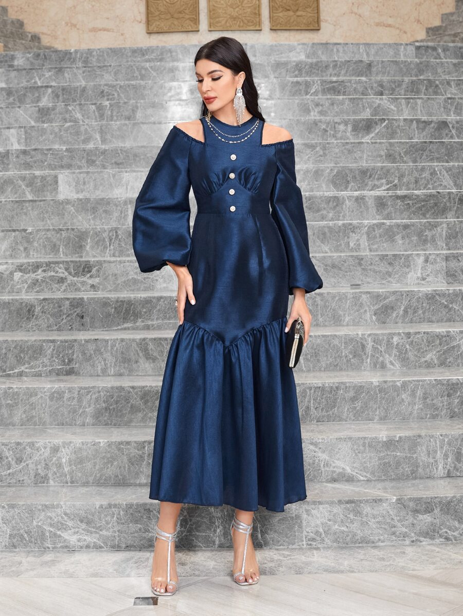 Modelyn Vestido de hombros descubiertos de manga farol con perla con cadena cuello bajo con fruncido - Azul Marino - Ver 1