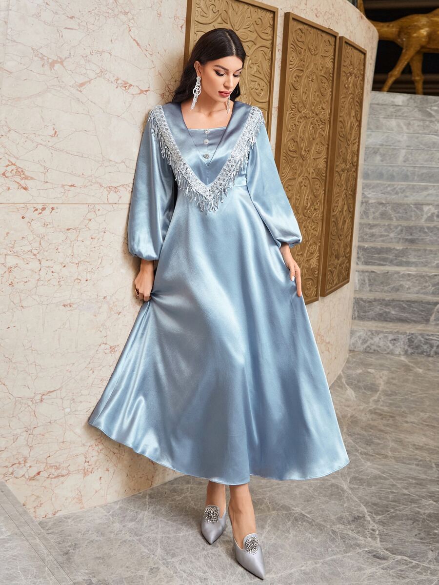 Modelyn Vestido con lentejuela en contraste de manga farol de satén - Celeste - Ver 1