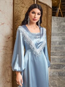 Modelyn 亮片拼接燈籠袖緞面連衣裙 - 淺藍色 - 查看 3
