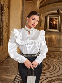 Modelyn Keyhole Neckline Ruffle Trim Blouse - White - View 2