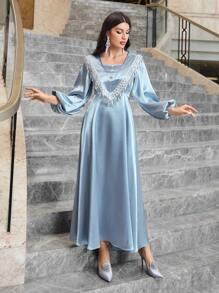 Modelyn 亮片拼接燈籠袖緞面連衣裙 - 淺藍色 - 查看 4