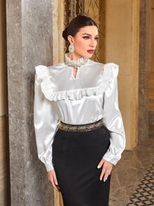 Modelyn Keyhole Neckline Ruffle Trim Blouse - White - View 3