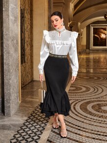 Modelyn Keyhole Neckline Ruffle Trim Blouse - White - View 4