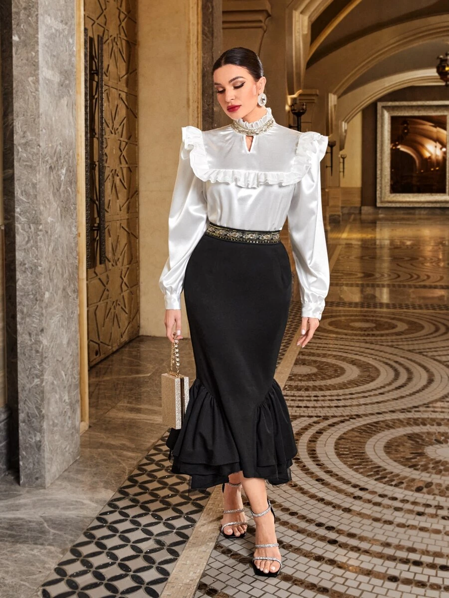 Modelyn Blusa de cuello con abertura de ojo ribete con fruncido - Blanco - Ver 1