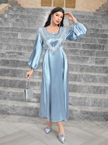 Modelyn 亮片拼接燈籠袖緞面連衣裙 - 淺藍色 - 查看 6
