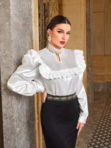 Modelyn Keyhole Neckline Ruffle Trim Blouse - White - View 5