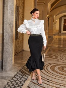 Modelyn Keyhole Neckline Ruffle Trim Blouse - White - View 6