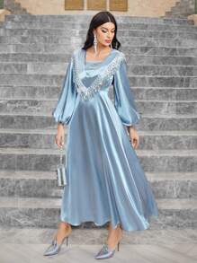 Modelyn 亮片拼接燈籠袖緞面連衣裙 - 淺藍色 - 查看 9
