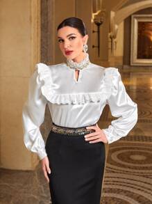 Modelyn Keyhole Neckline Ruffle Trim Blouse - White - View 7