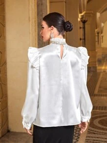 Modelyn Keyhole Neckline Ruffle Trim Blouse - White - View 8