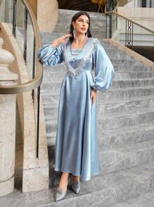 Modelyn 亮片拼接燈籠袖緞面連衣裙 - 淺藍色 - 查看 10