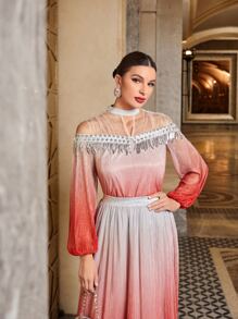 Modelyn Ombre Sequin Detail Lantern Sleeve Contrast Mesh Blouse - Multicolor - View 5