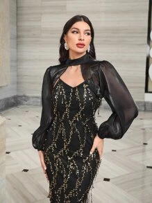 Modelyn Lantern Sleeve Mesh Top & Contrast Sequin Cami Dress - Black - View 7