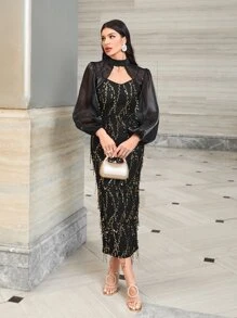 Modelyn Lantern Sleeve Mesh Top & Contrast Sequin Cami Dress - Black - View 1