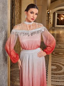 Modelyn Ombre Sequin Detail Lantern Sleeve Contrast Mesh Blouse - Multicolor - View 4