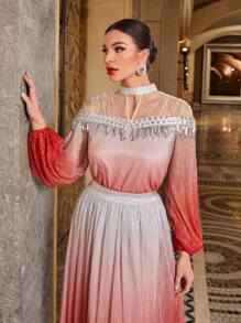 Modelyn Ombre Sequin Detail Lantern Sleeve Contrast Mesh Blouse - Multicolor - View 7