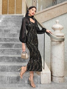 Modelyn Lantern Sleeve Mesh Top & Contrast Sequin Cami Dress - Black - View 5