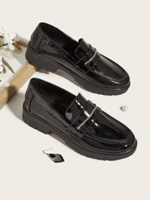 Chain Decor Flat Loafers - Black - View 1