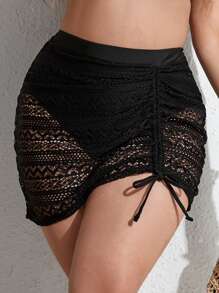 SHEIN Swim Curve Plus Sheer Drawstring Front Bikini Bottom - Black - View 3