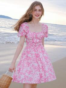滿版印花泡泡袖洋裝 - 粉色 - 查看 1