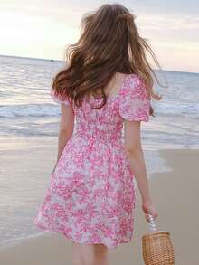 滿版印花泡泡袖洋裝 - 粉色 - 查看 2