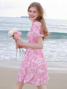 滿版印花泡泡袖洋裝 - 粉色 - 查看 4